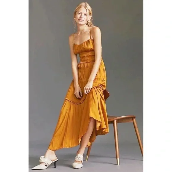 Anthropologie Ruched Tiered Satin Slip Midi Dress